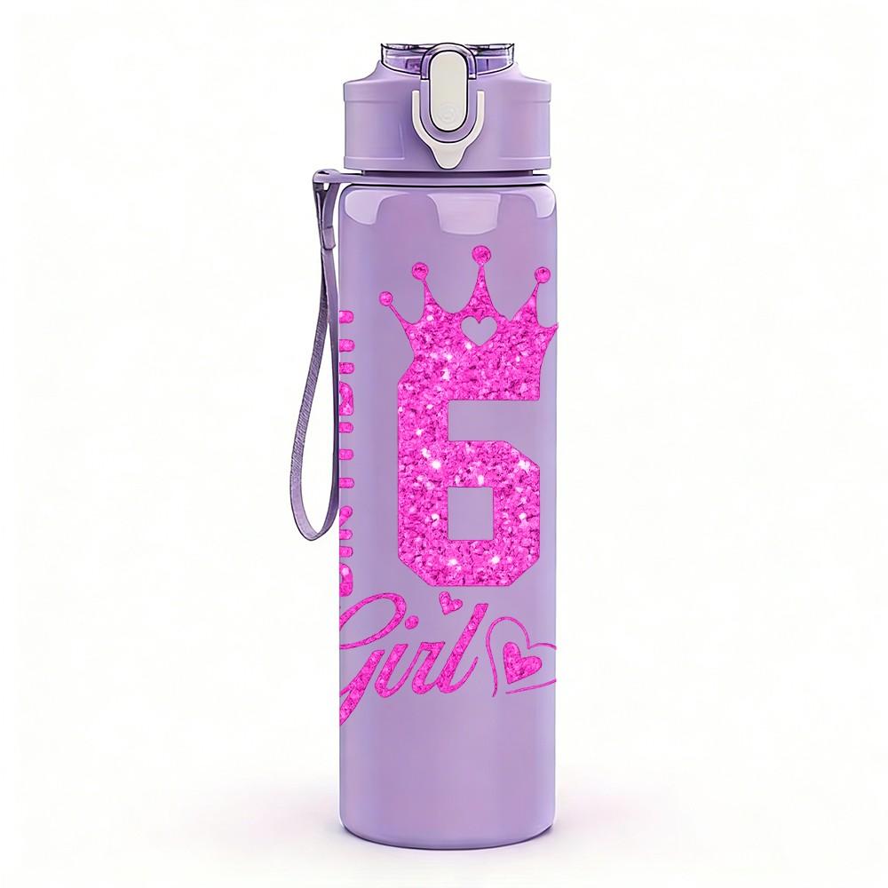 1PC 6 Birthday Girl Party Text Print 750ml Color Plastic Sports Water Bottle Leakproof Flip Straw Lid Suitable for Sports Office Home Use