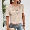 Летние кружевные лоскутные полые блузки и рубашки женские с круглым вырезом и короткими рукавами, однотонные