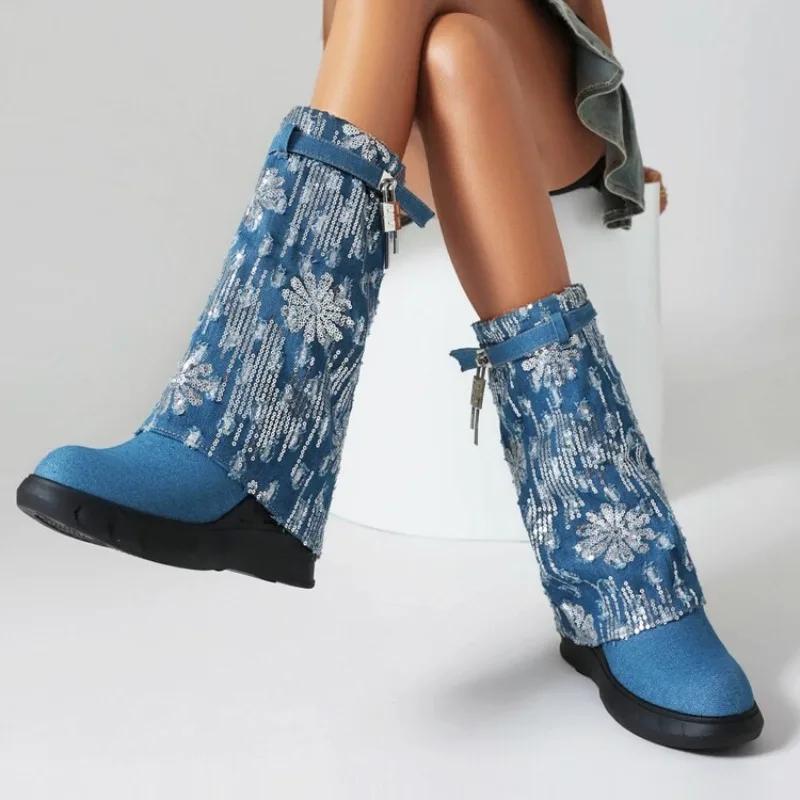 Женские брендовые дизайнерские туфли на высоком каблуке 2024 года, новые женские сапоги до середины голени с круглым носком, сексуальные женские сапоги до колена Pogen Botas De Mujer