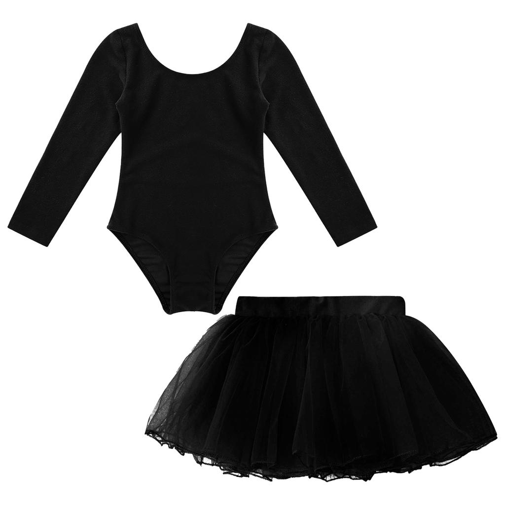 Детский трико с длинными рукавами и круглым вырезом для девочек с эластичным поясом, многослойная юбка-пачка для балетных танцев