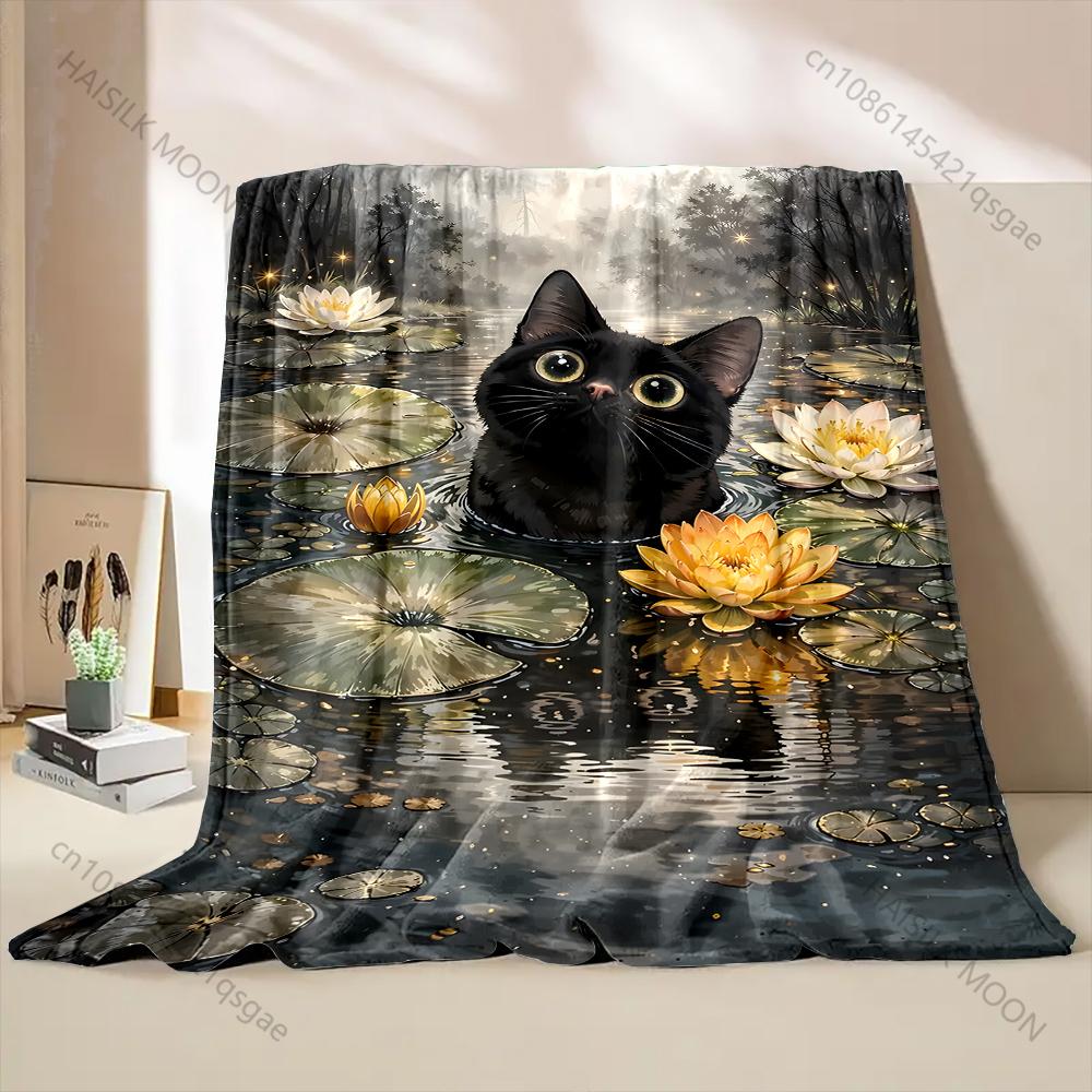 Multiple sizes Black cat in pond Print Adult Children Warm Blankets Home Travel Car Soft Comfortable Suitable for all seasons