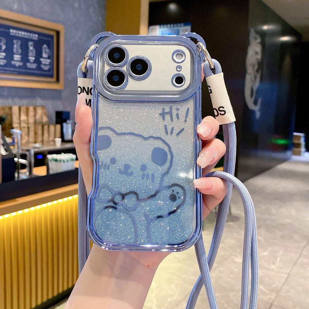 Для телефона IPhone17promax Чехол Мультяшный Мишка Тедди для Apple 16 Гальванизированный Блестящий 15 со Шнурком Защитный Чехол