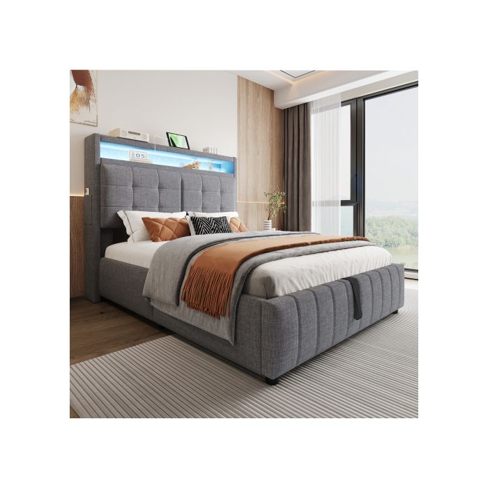 Кровать - MUVOE - 140x200 см - С обивкой из серого льна - Светодиодное освещение - USB-порт