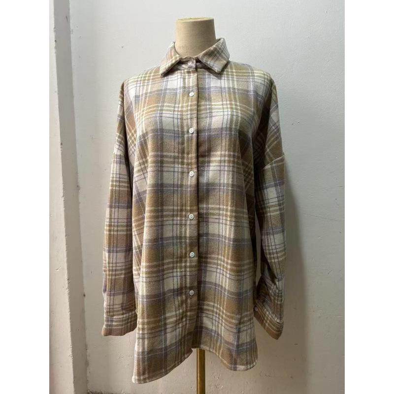 Женская ретро-рубашка в клетку оверсайз с длинным рукавом