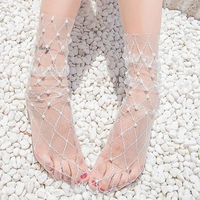Fashion Pearl Lace Stockings Women Transparent Thin SoTullecks Female Chiffon Stockings