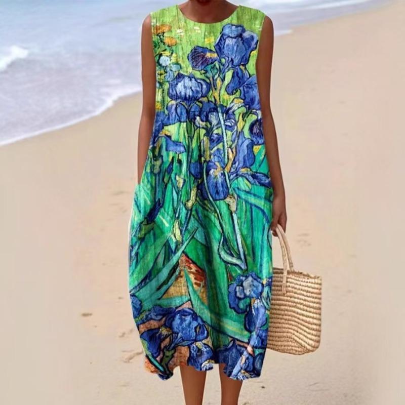 LYRIA 3D Print Roundneck Lightweight Dress Sleeveless Summer Beach Dress Casual Fashion A-Line Dress Women Elegant Floral Dresses