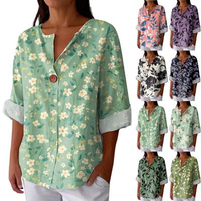 Женская модная повседневная блузка с V-образным вырезом на пуговицах и рукавом семь четвертей, с принтом, из хлопка и льна