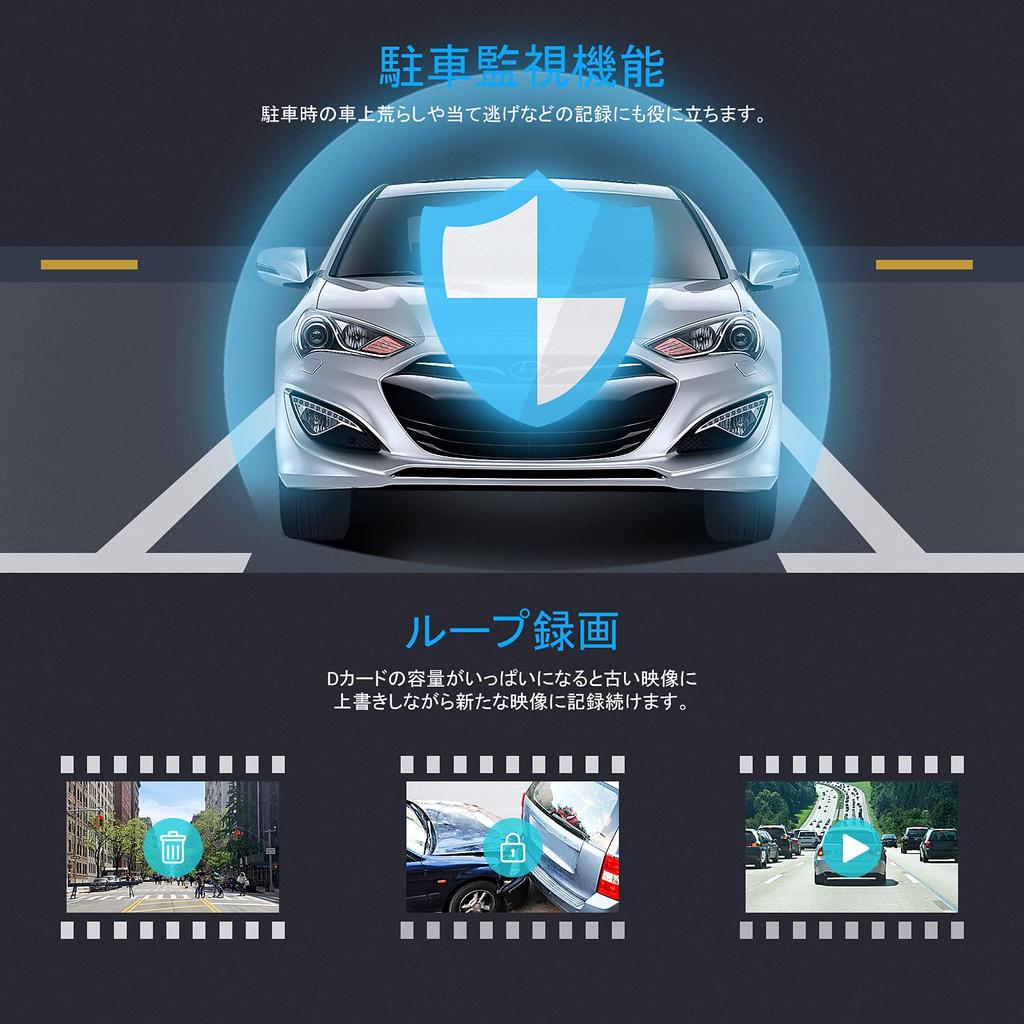 LAMONKE Drive Recorder 3 камеры 2,0-дюймовый экран Автомобильная камера Передняя и задняя камеры Автомобильная камера 1080P Full HD 170° Сверхширокоугольная инфракрасная камера Nig