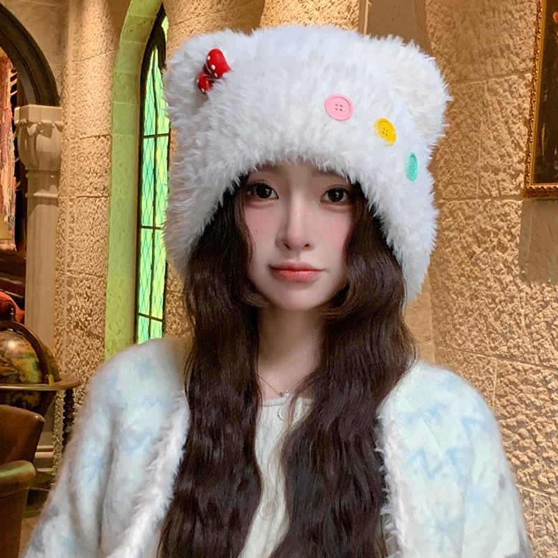 Cute Button Bear Ears Plush Knitted Hat Children'S Season Warm Ear Protection Cold Wool Hat Head Hat