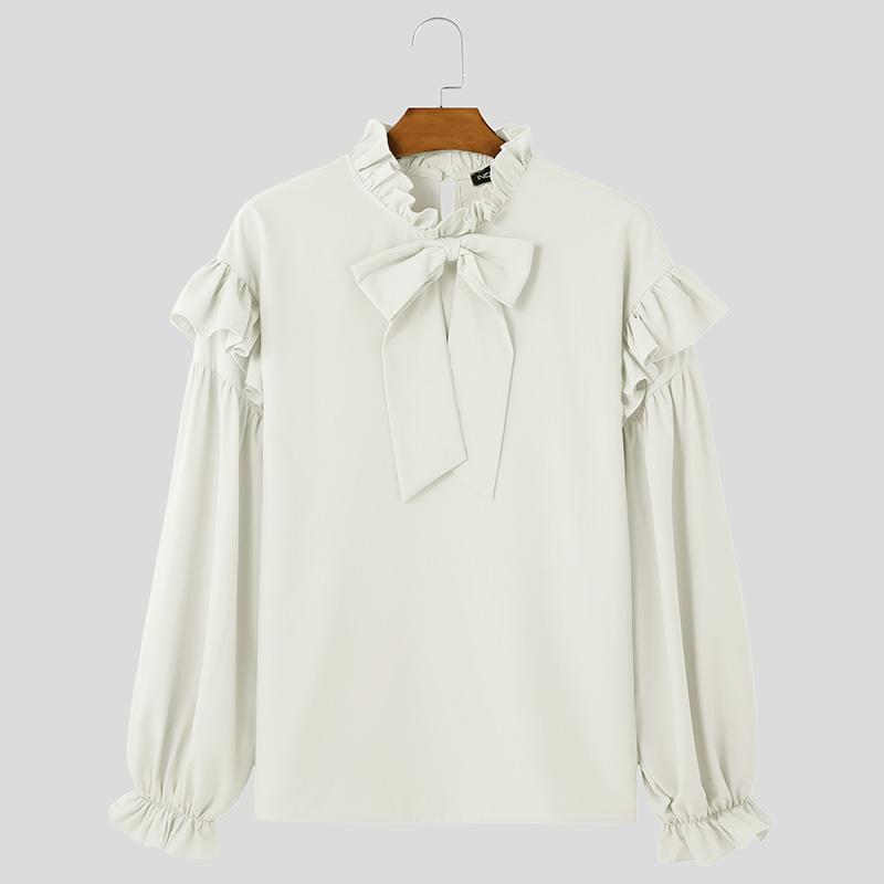 INCERUN Men Elegant Ruffled Neck Shirts Casual Bow Knot Long Sleeve Tops