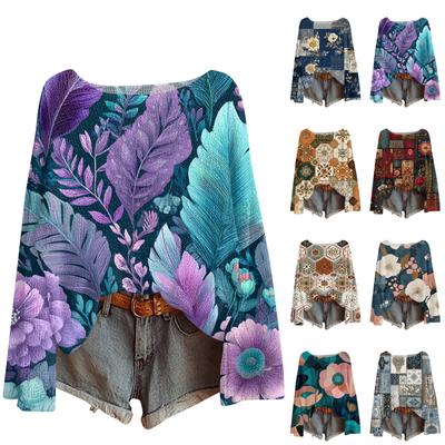 Женский легкий свитер повседневный с длинным рукавом вязаный винтажный с цветочным принтом пуловер