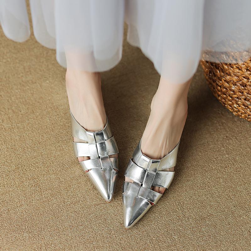 Мода 2024 Новые Летние Женские Туфли Мюли с Острым Носком Женские Однотонные из Натуральной Кожи Мюли на Высоком Каблуке Уличные Тапочки для Женщин Сандалии