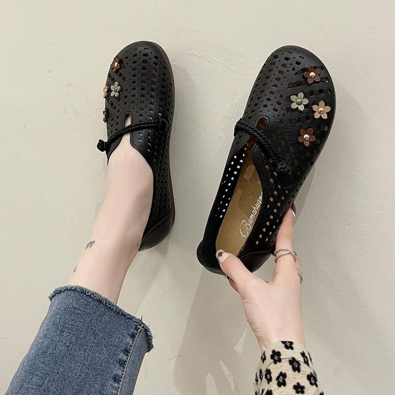 Нескользящие вентилируемые женские сандалии на плоской подошве в стиле ретро, в национальном стиле, обувь с круглым носком, обувь из мягкой кожи, летняя обувь