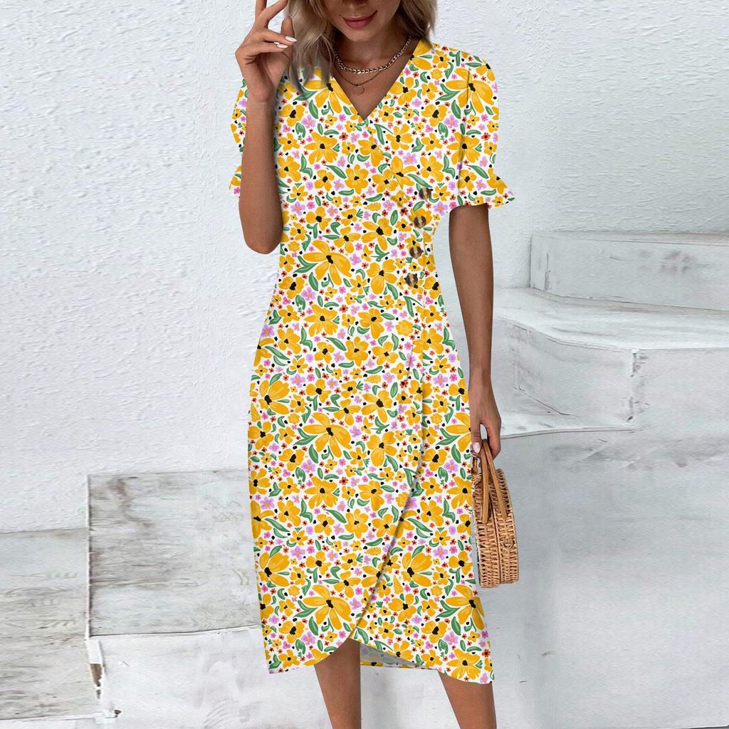 Women's Summer Casual Dress V Neck A-line Boho Ditsy Floral Flounce Sleeve Wrap Hem Dress