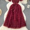 Nomikuma French Women Sweet Mesh Cake Dress Tie Up Waist Slimming Mid Length Elegant Long Cake Dresses 2024 Summer New Vestidos