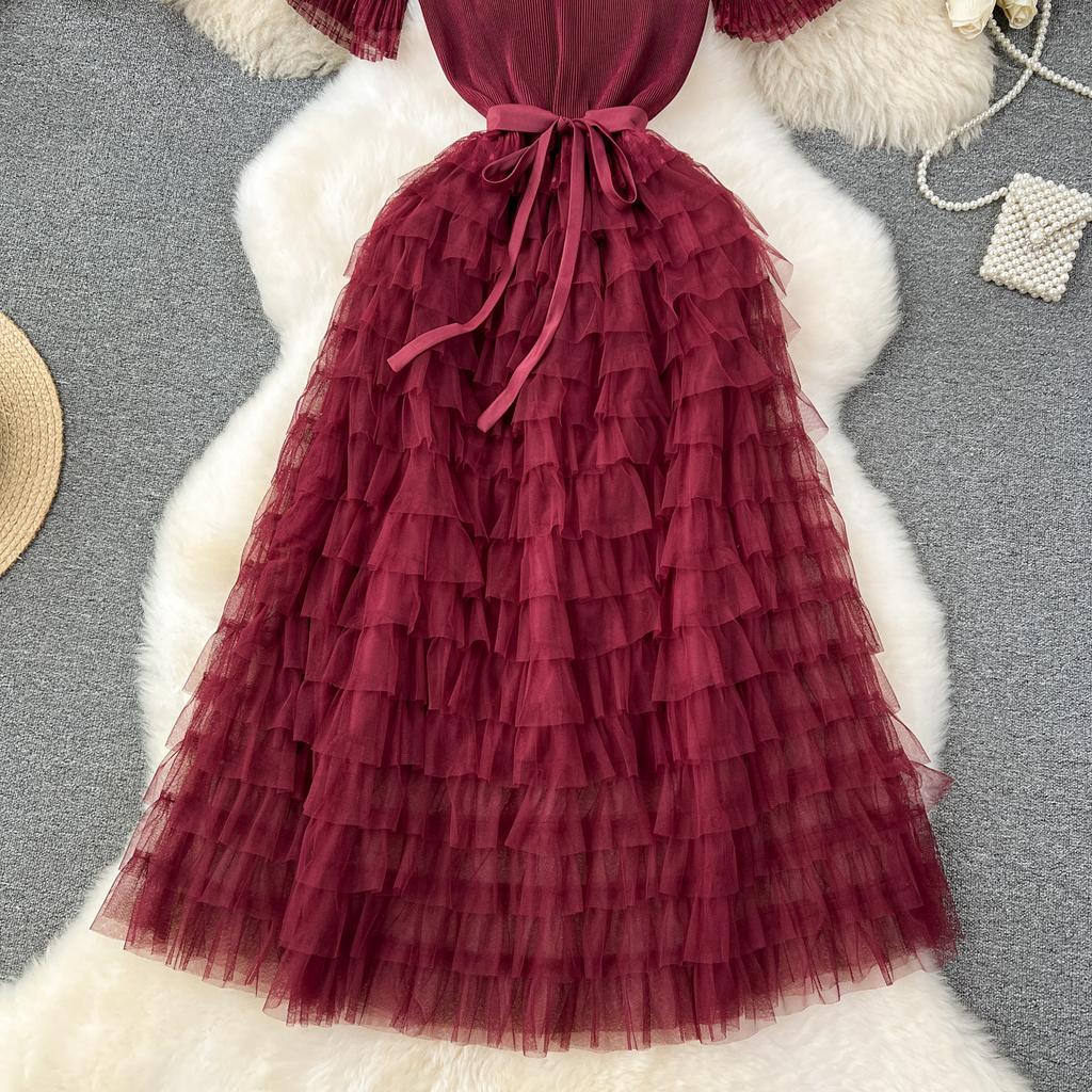 Nomikuma French Women Sweet Mesh Cake Dress Tie Up Waist Slimming Mid Length Elegant Long Cake Dresses 2024 Summer New Vestidos