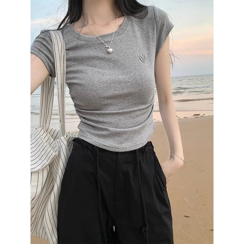 Korean Solid Color Round Neck Age-reducing Right Shoulder Waist Pleated Embroidered Summer Short-sleeved T-shirt Slimming Short Top