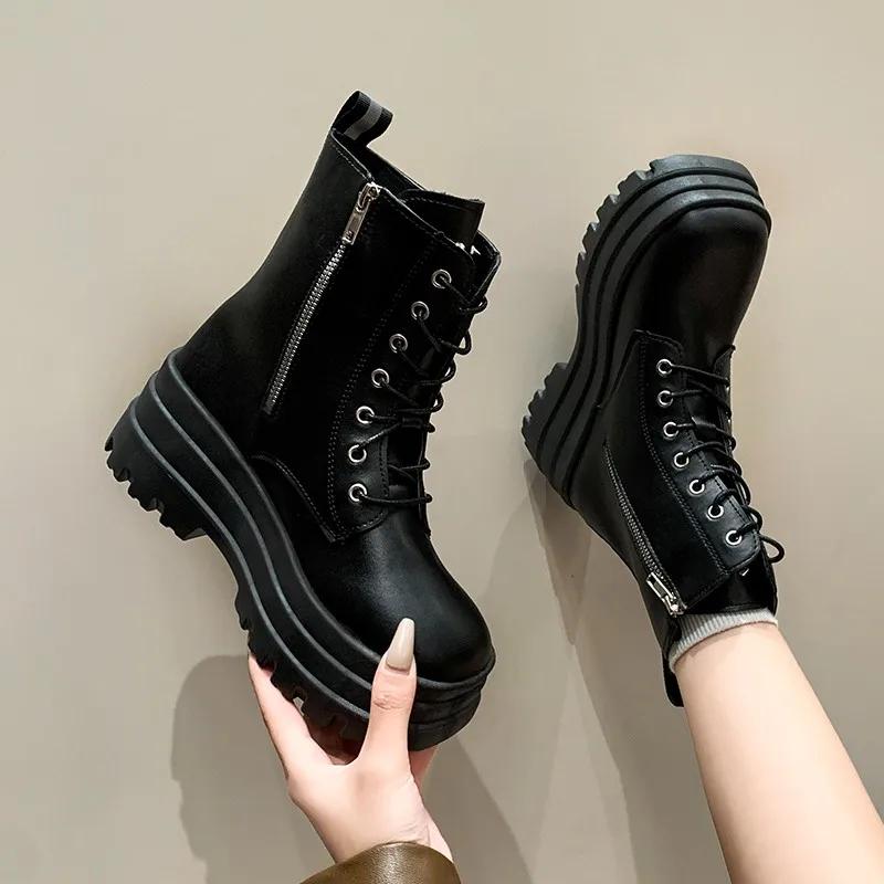 Fashion Women's Fashion Boots Thick Sole High Heels Trifle Base Side Zip Black Boots Outdoor Women's Shoes Commuting Spring and Autumn