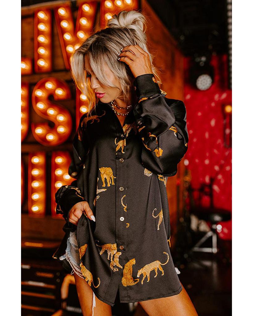 Azura Exchange Black Cheetah Animal Print Button Up Satin Shirt