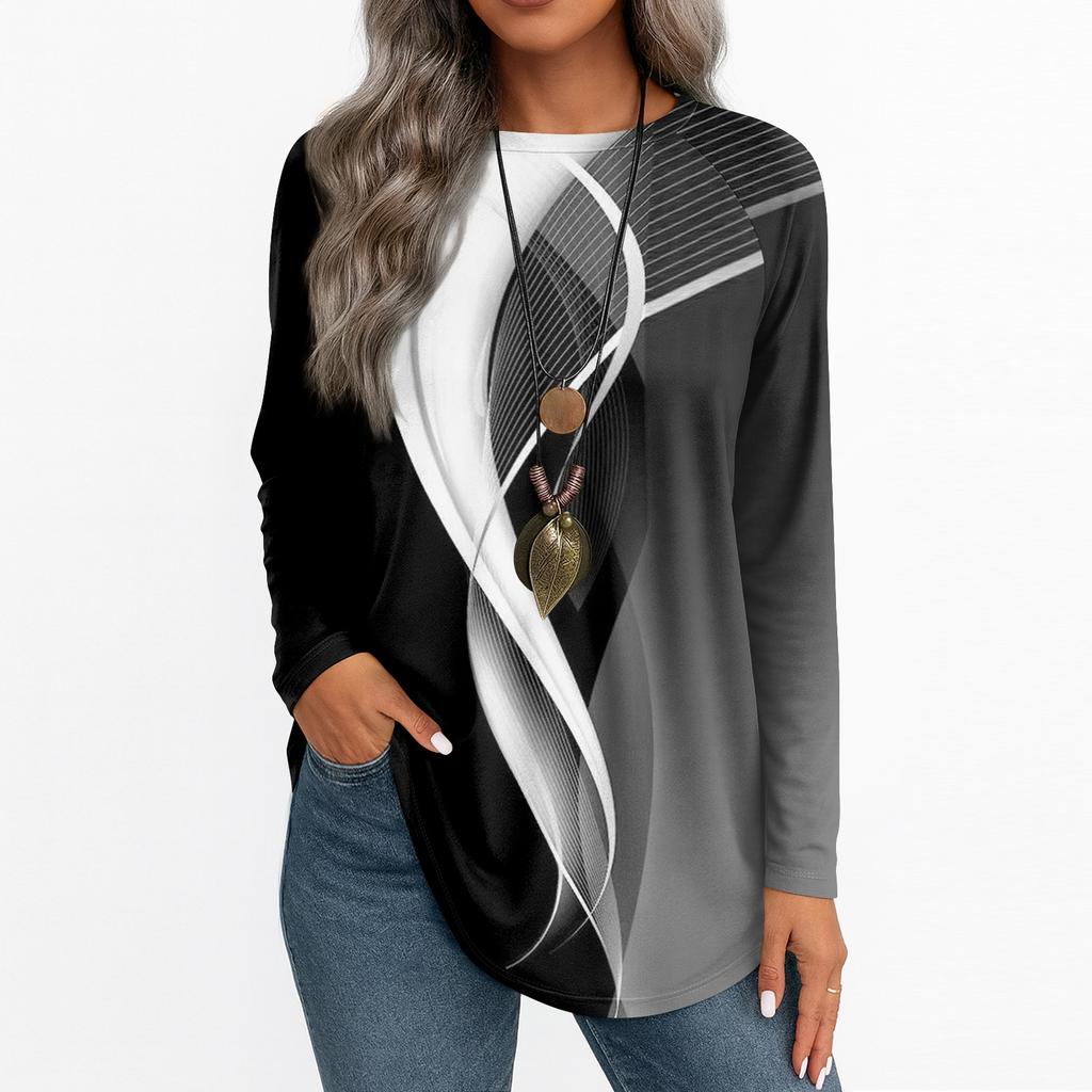 Женская повседневная футболка большого размера с длинными рукавами и круглым вырезом, винтажный этнический принт, топ-пуловер