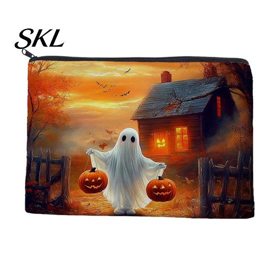 Halloween Storage Bag Bag, with Pumpkin Ghost Pattern Design, Thickened Pencil Case Canvas Cosmetic Organizer, for Travel Stationery And Toiletries