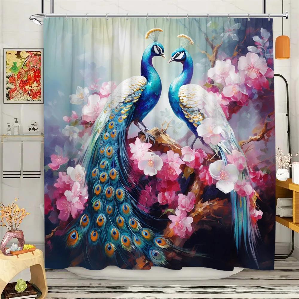 Peacock Shower Curtain Tropical Plant Flower Leaf Landscape Vintage Oil Painting Elegant Polyester Fabric Bathroom Decor Curtain