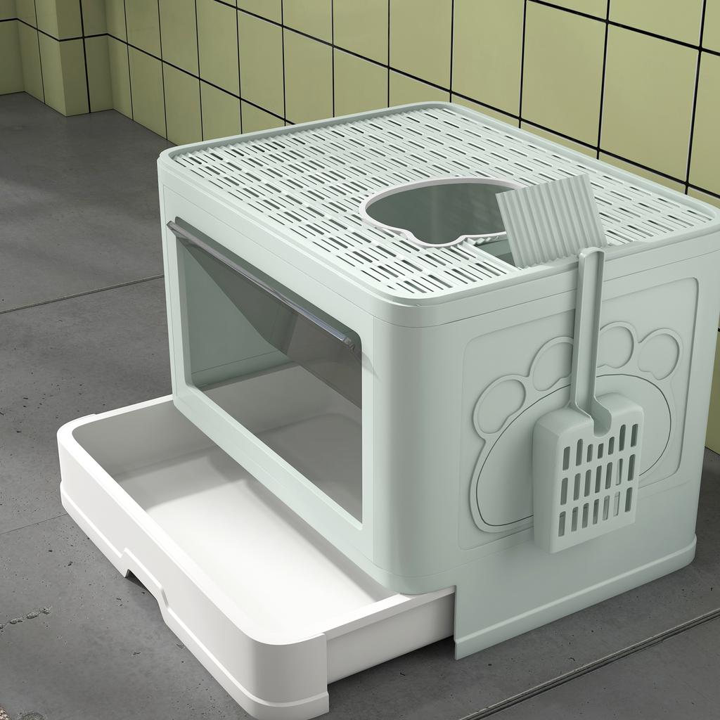 Closed Cat Litter Box with Lid and Double Entrance, Removable Tray, Scoop and Brush, Green