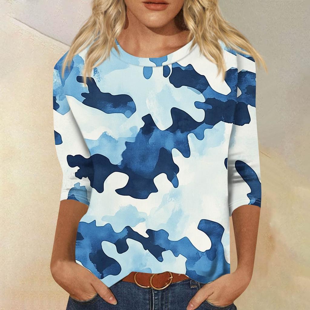 Женская модная повседневная свободная футболка с круглым вырезом и рукавами 3/4 с принтом, женский топ