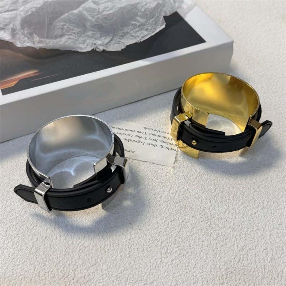 Golden Exaggerated Metal Bangle Armlet Women Open Bangle Belt Buckle Leather Bracelet  Party