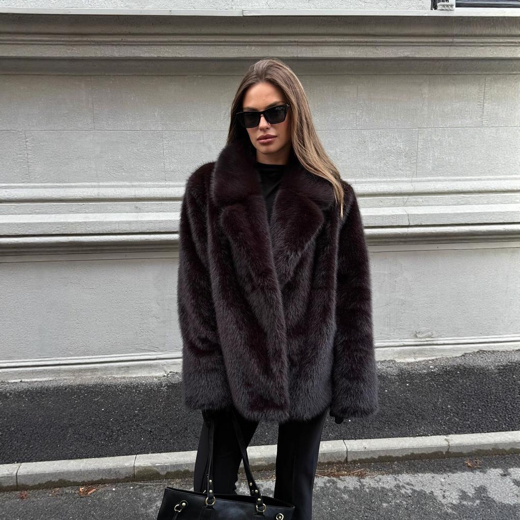 Women's Lapel Collar Long Sleeve Faux Fur Jacket Loose Casual Dark Brown Winter Coat