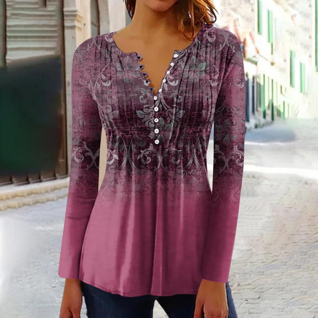 Women's Printed Button Collar Pleated Printed Long Sleeves Holiday Basics Tunic Slim Tops Printed Ethnic Tops T-Shirts V Neck Pullover Tops Pullovers