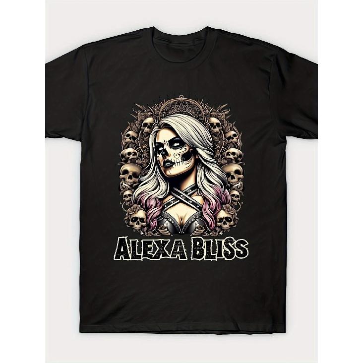 Men'S Alexa Bliss Queen of the Damned Gothic Wrestling T-Shirt - Heavyweight 223gsm Black Tee with White Skull & Alexa Bliss Lettering, Inspired Fan