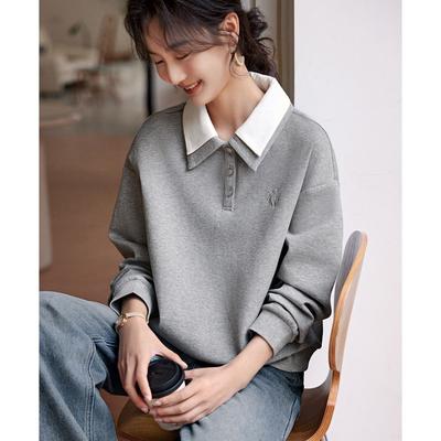 Двухслойный дизайн воротника серый свитшот для женщин повседневный простой темперамент универсальный топ, покрывающий кожу и утягивающий