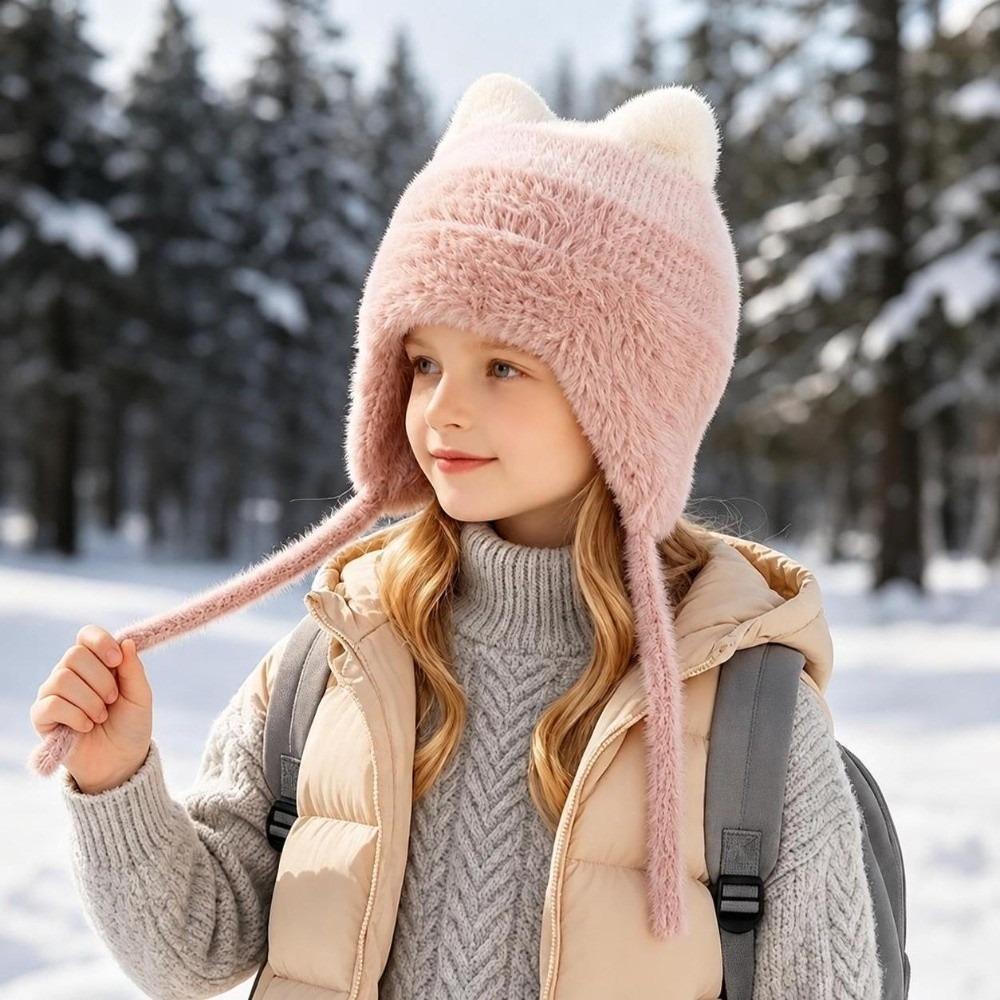 Cold-proof Ear Protection Hat Cute Cat Ear Plush Warm Hat Cute Children Knitted Hat  Winter