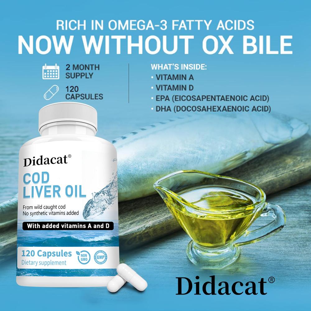 Cod liver oil capsules, lower blood lipids, support bone and vision health, 120 capsules