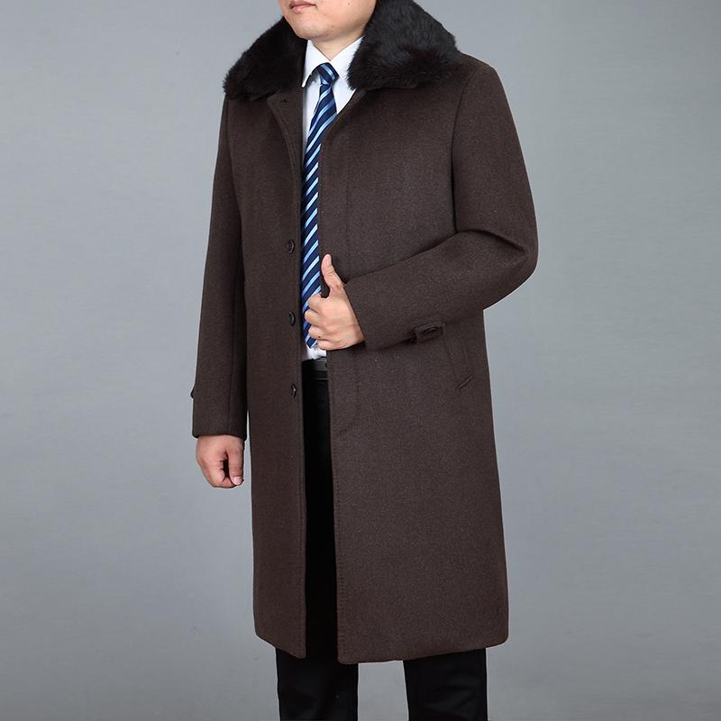 Мужское шерстяное длинное пальто, зимнее кашемировое пальто из натурального кроличьего меха, толстое теплое зимнее мужское полупальто с меховой подкладкой