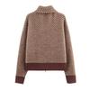 Womens High Neck Knit Pilot Jacket Casual Oversized Cardigan Sweater With Zipper Plaid Patchwork Design
