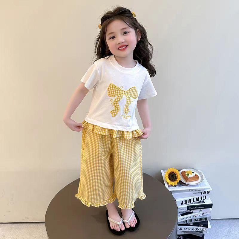 Baby Girl Summer Short Sleeve Top with Bow and Loose Checkered Print Pants Set