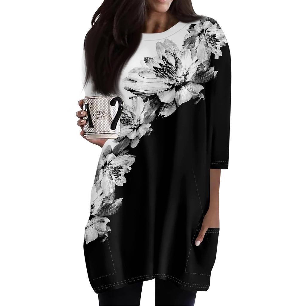 Женские повседневные рубашки с рукавами 3/4, модные туники с принтом, топы с карманами