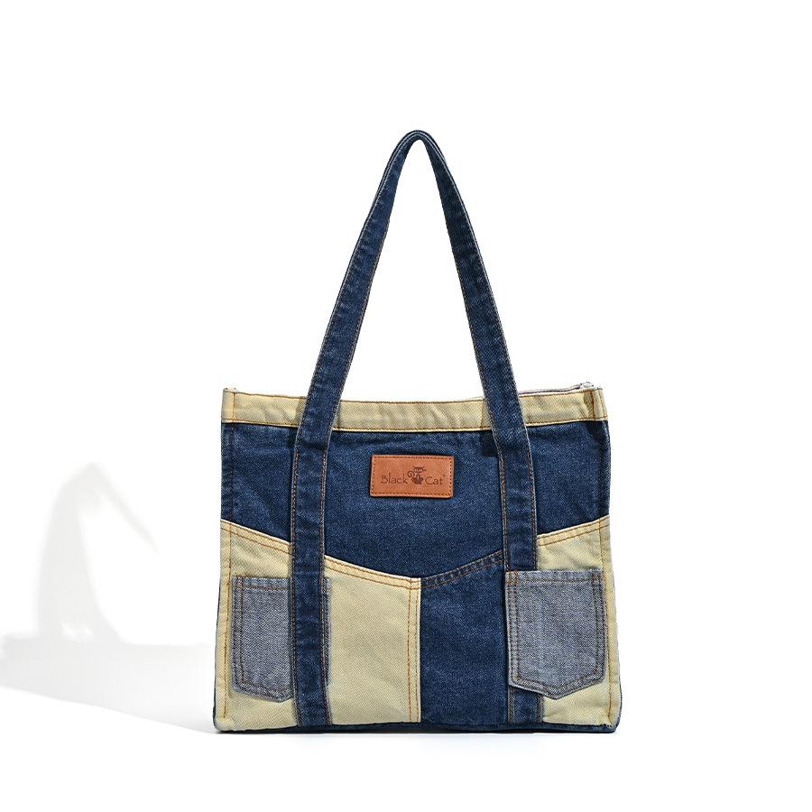 Contrast Color Splicing Denim Bag Personalized Retro Street Slid Shoulder Bag Commuter Large Capacity Tote Bag