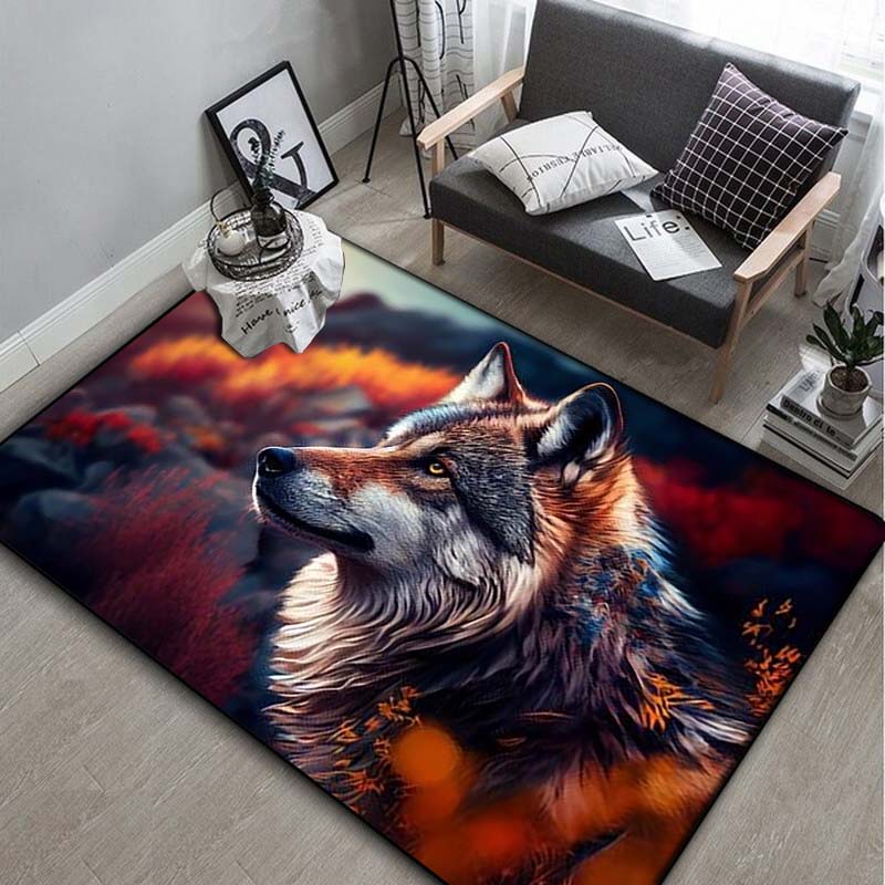 Green Bokeh Wolf Family Portrait Grey Wolf Three Cute Wild Cubs Wildflower Non Slip Rug Washable Wildlife Animal Lover Living Bedroom Decor Carpet