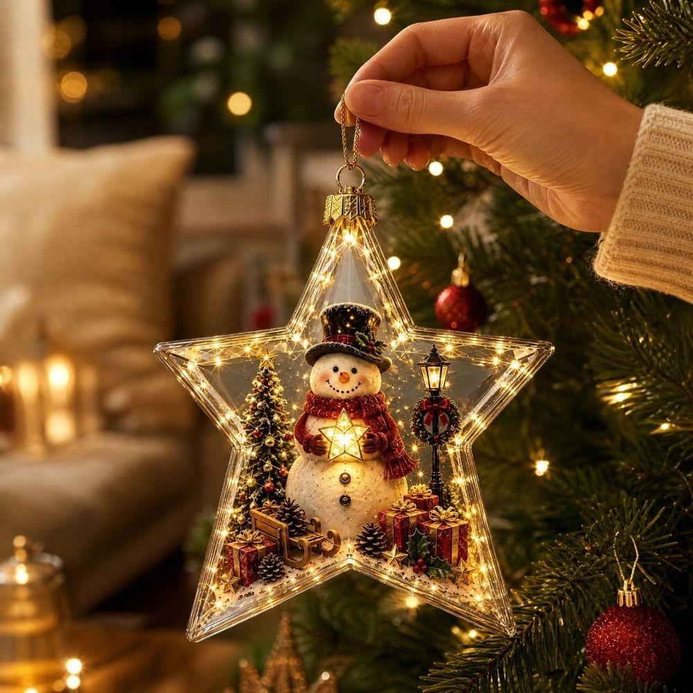 Transparent Led Christmas Bauble 2D Flat Pattern Clear Star Pendant Holiday Party