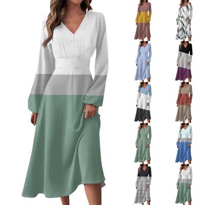 Женское осенне-зимнее повседневное модное длинное платье с v-образным вырезом и длинным рукавом с принтом