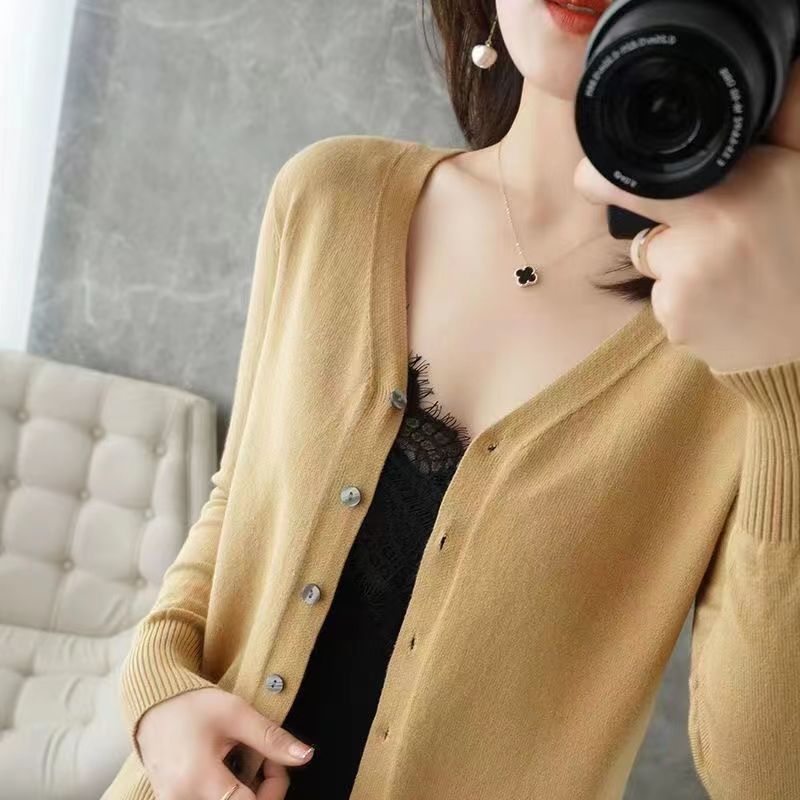 Women's V-Neck Knitted Cardigan Loose Slim Plus Size Sweater All-match Jacket Solid Color Basic Small Cardigans for Spring Autumn