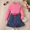 Girls' Fashion Set, Summer Children's Casual Solid-color Long-sleeved Top, Denim Pleated Skirt Set