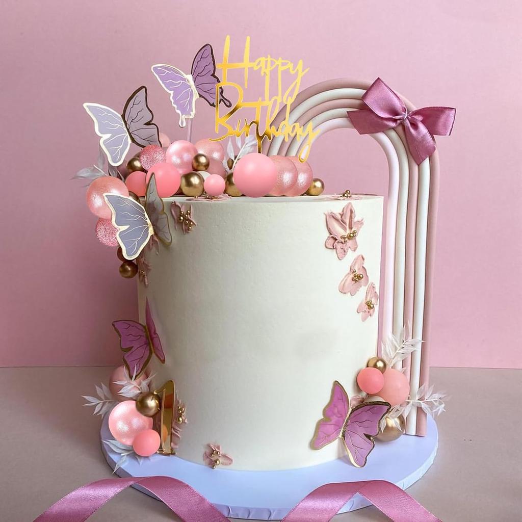 Happy Birthday Cake Topper Pink Balls Cake Topper Butterfly Balls Cake Decorations for Baby Shower Wedding Birthday Party
