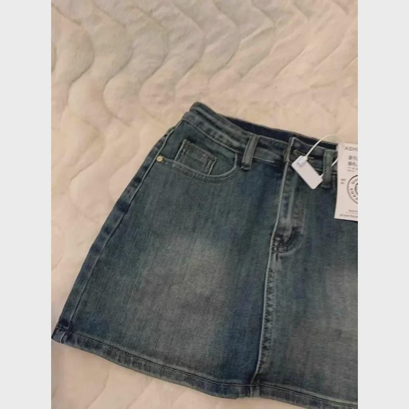 «Женская джинсовая юбка в стиле ретро с потертостями и высокой талией, для маленьких и больших размеров, свободный крой, защита от воздействия окружающей среды, новый летний стиль»