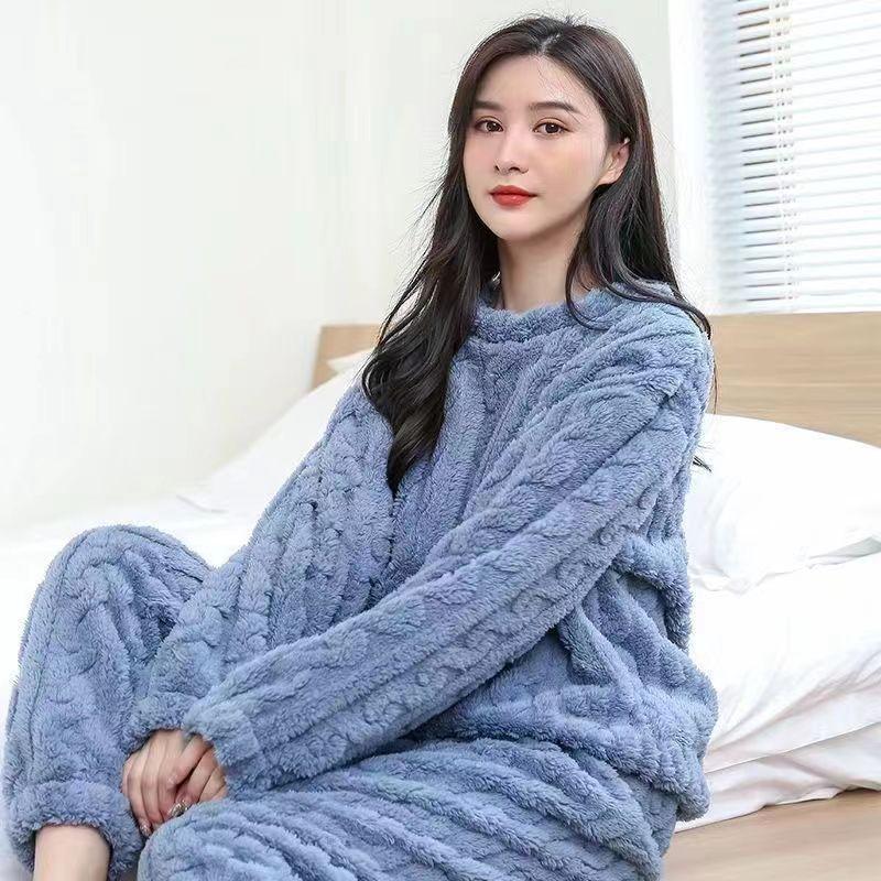 Women Warm Two Piece Sets Thicken Velvet Ribbed Fleece Set Pullover Pants Casual Pajama Sets Women Autumn Winter