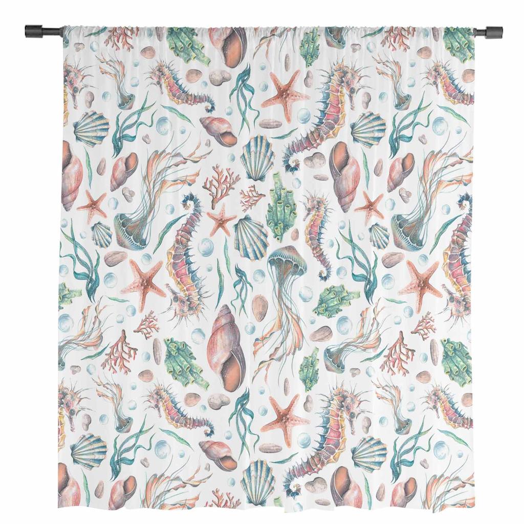Sea Life Starfish Watercolor Sheer Curtains for Living Room Decoration Window Curtains for Kitchen Tulle Voile Organza Curtains