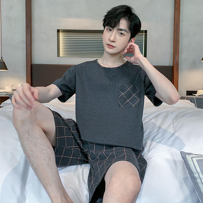 Летняя пижама для мужчин из хлопкового трикотажа с коротким рукавом, шорты, простые, дышащие, однотонные, с круглым вырезом, пуловер в клетку, пижамы